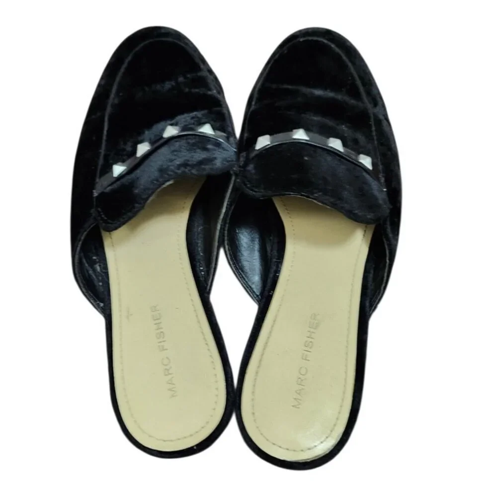 Marc Fisher Women's SZ 8.5 Wishing Mules Black Velvet Studded Slip On Loafers